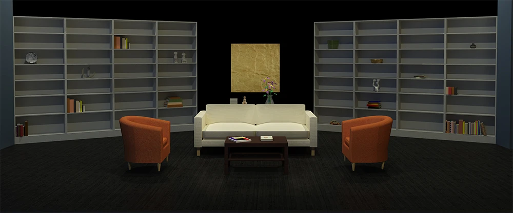 A computer rendering of a theatrical scenic design that consists of a living room with a black background