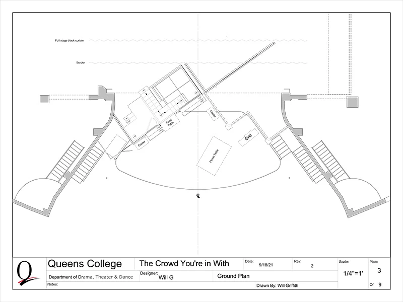 a black and white image of a series of construction drawings made for play. The image links to a pdf file containing all of the drawings for that show