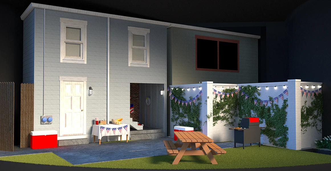 A computer rendering of a scenic design of the backyard of a two-storey hourse