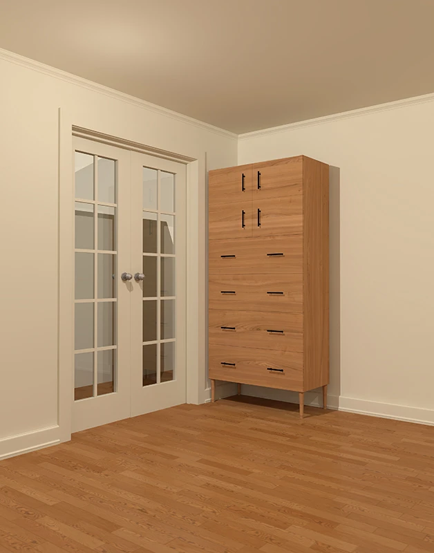 a computer generated drawing of a brown dresser in the corner of an empty room with white walls