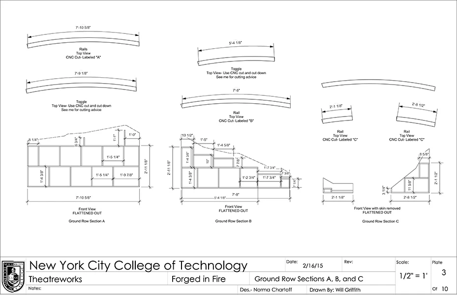 a black and white image of a series of construction drawings made for play. The image links to a pdf file containing all of the drawings for that show