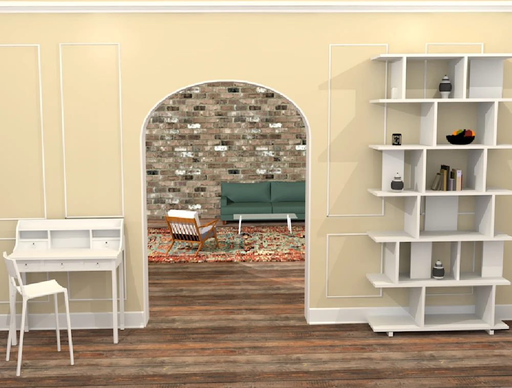 a 3d model of a room with a doorway that goes into another room with a rug and a sofa