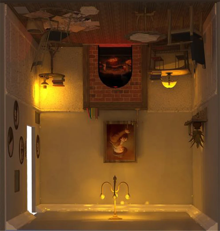 3d drawing of a small room where the furniture and fireplace are on the ceiling and the pictures are upside down. The space is old and looks dirty