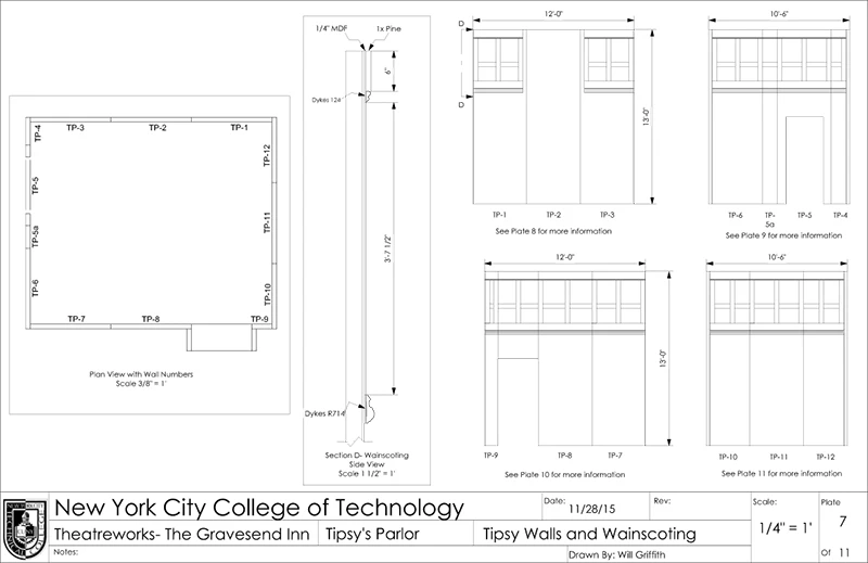 a black and white image of a series of construction drawings made for play. The image links to a pdf file containing all of the drawings for that show