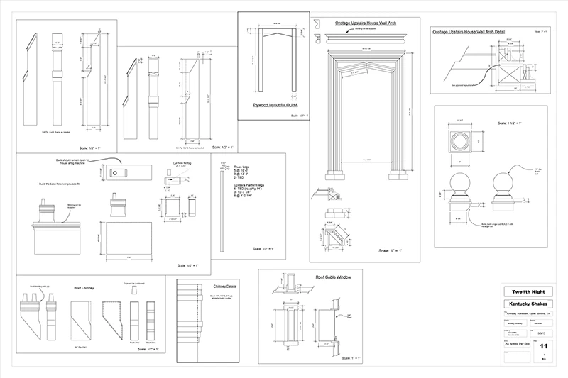 a black and white image of a series of construction drawings made for play. The image links to a pdf file containing all of the drawings for that show