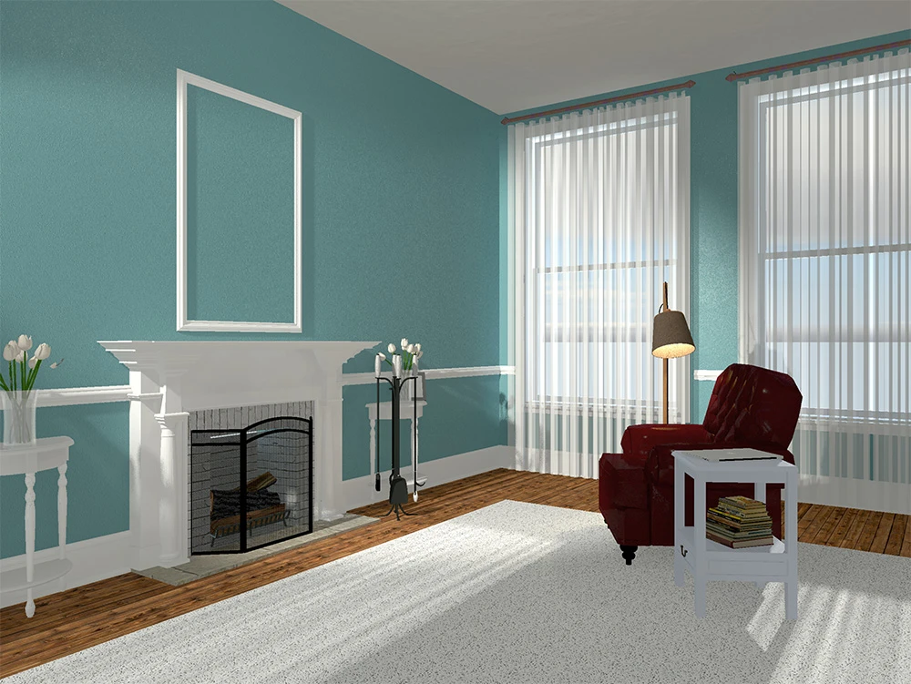 a 3d drawing of a living room with an armchair and a fireplace