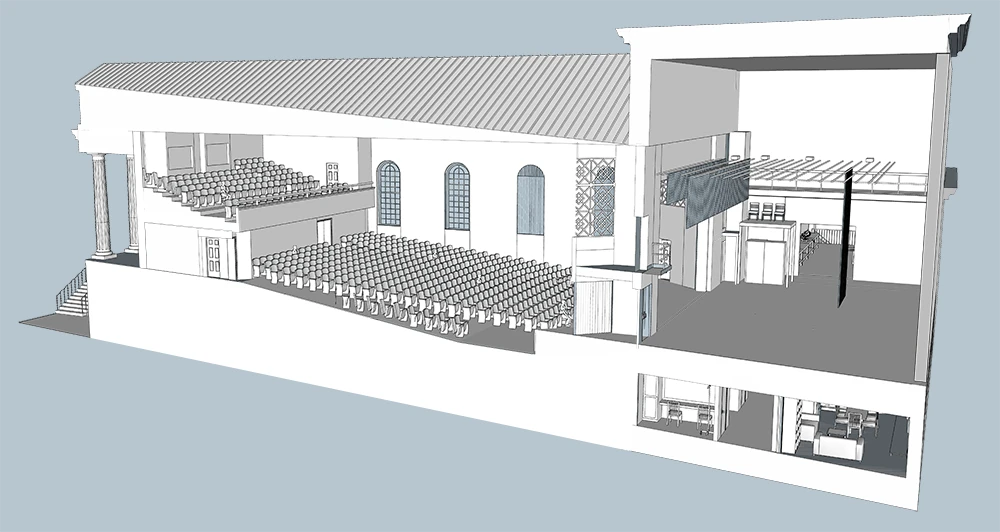 a simple 3d drawing of a cutaway of a theater interior