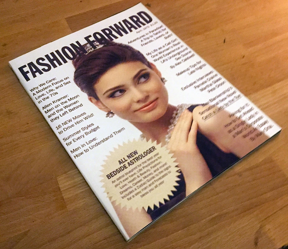 a reproduction 1980s fashion magazine sitting on a table