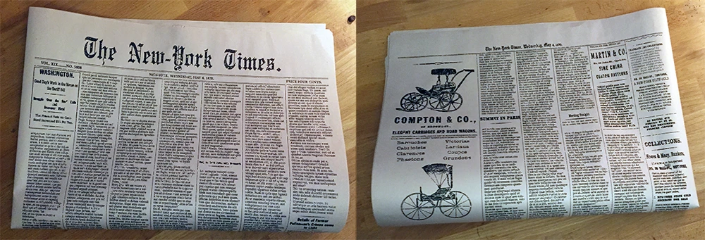 Custom-designed vintage newspaper on a table