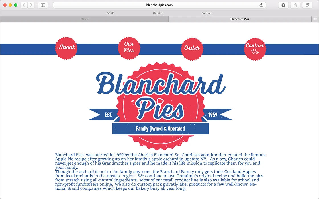 screenshot of a website for Blanchard Pies, a company found in a hallmark movie