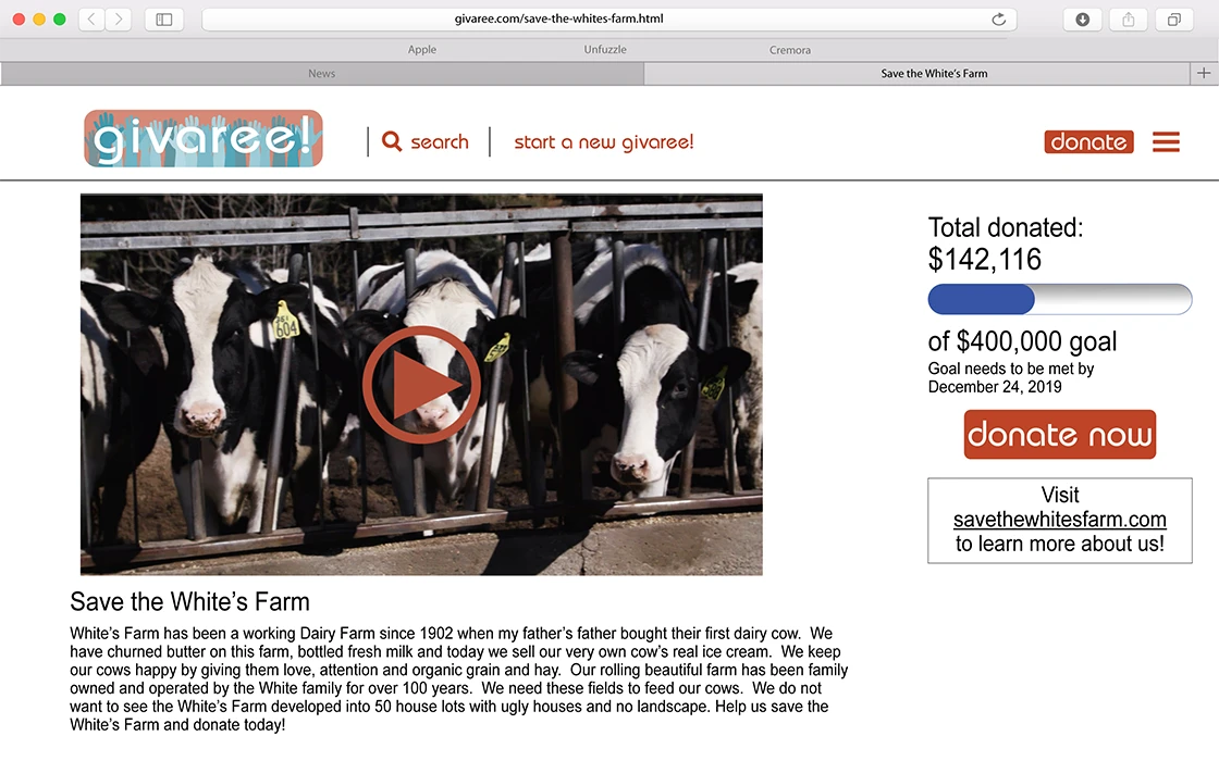 layout for a fake website called givaree that features a funding plea to save a farm