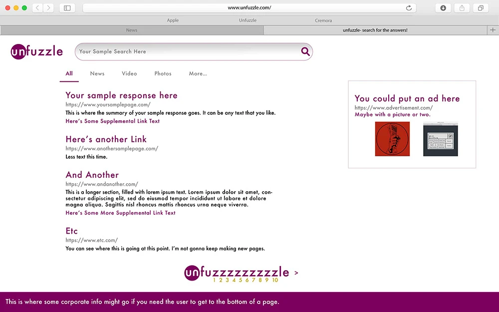 screenshot of a mockup website called unfuzzle which is meant to look like a search engine